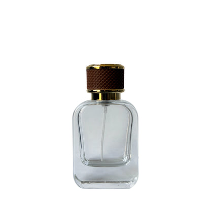 1.7 oz (50 ml) Clear Glass Rounded Rectangle Perfume Bottle with Brown Cap - World of Aromas