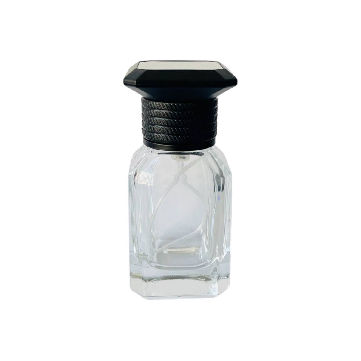 30 ml clear glass spray bottle with black cap