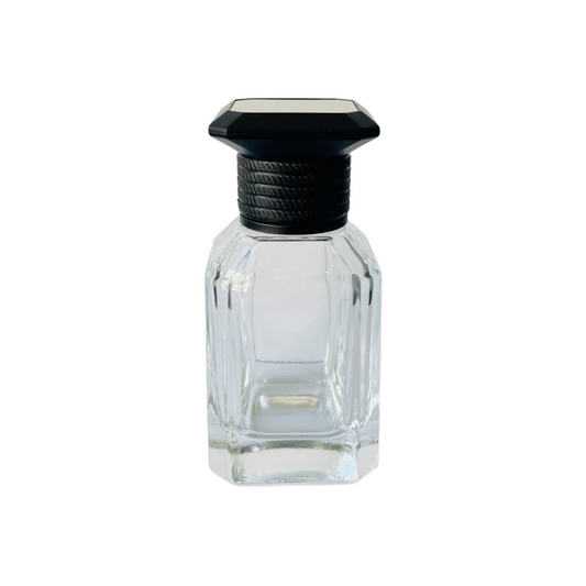 50 ml clear glass spray bottle with black cap