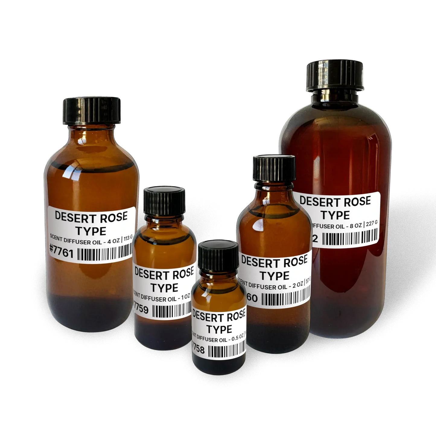 Desert Rose Type Scent Diffuser Oil - 2 lb | 907 g bottle image for Scent Diffuser Oil 2 lb. Composite bottle lineup showing 0.5 oz, 1 oz, 2 oz, 4 oz, and 8 oz sizes.