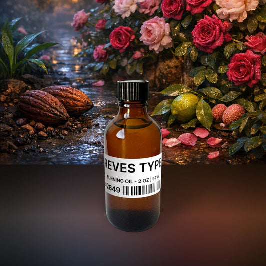 Reves Type Burning Oil - 2 oz | 57 g fragrance bottle image with atmospheric background for Burning Oil. Premium lifestyle product photo for fragrance listing.