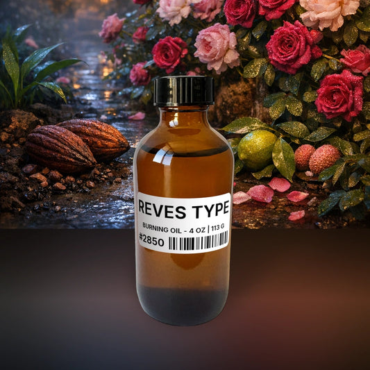 Reves Type Burning Oil - 4 oz | 113 g fragrance bottle image with atmospheric background for Burning Oil. Premium lifestyle product photo for fragrance listing.