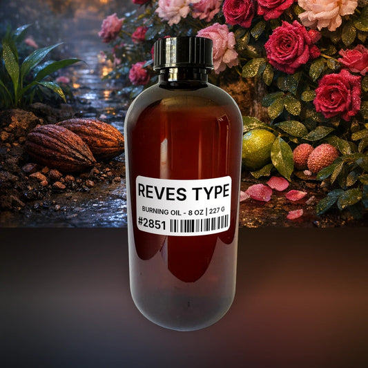 Reves Type Burning Oil - 8 oz | 227 g fragrance bottle image with atmospheric background for Burning Oil. Premium lifestyle product photo for fragrance listing.