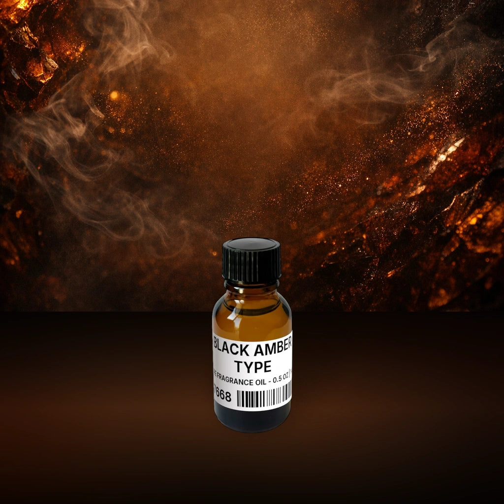 Black Amber Type Pure Fragrance Oil - 0.5 oz | 14 g fragrance bottle image with atmospheric background for Pure Fragrance Oil. Premium lifestyle product photo for fragrance listing.