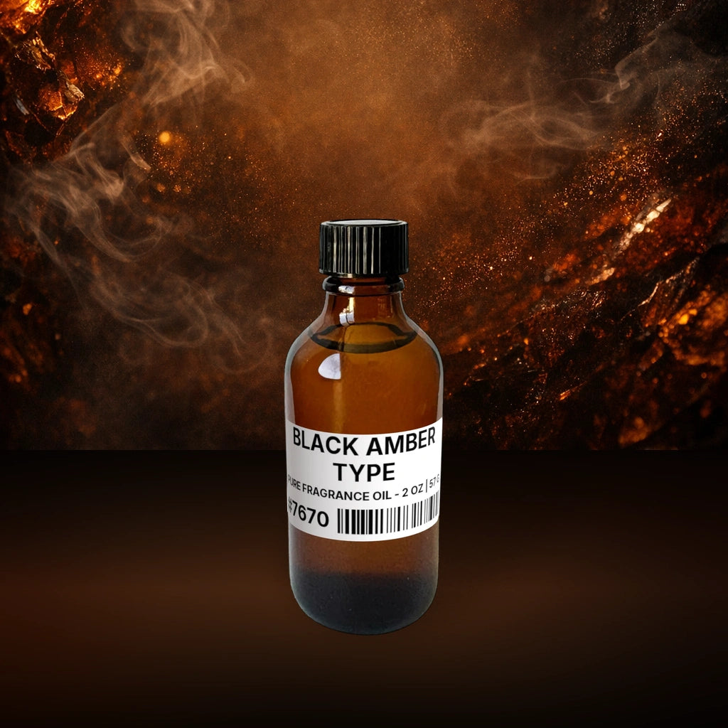 Black Amber Type Pure Fragrance Oil - 2 oz | 57 g fragrance bottle image with atmospheric background for Pure Fragrance Oil. Premium lifestyle product photo for fragrance listing.