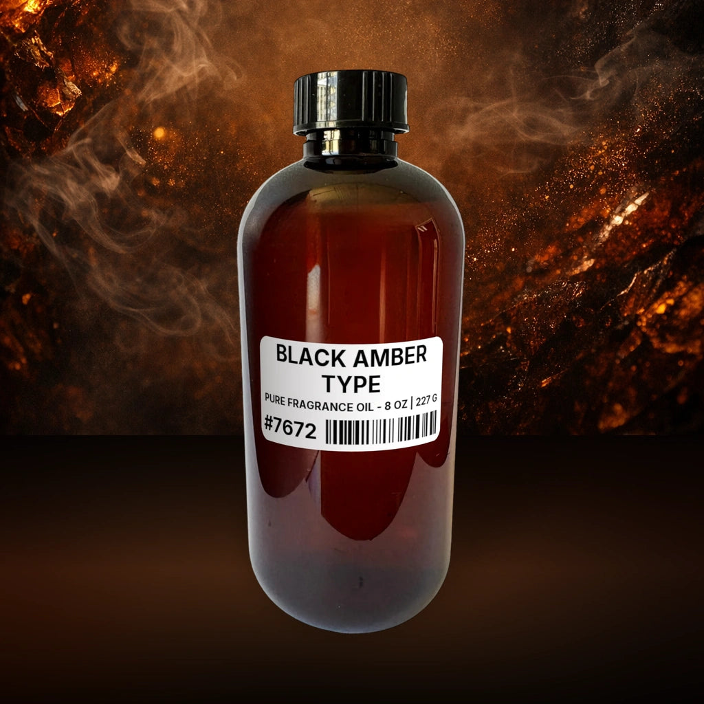 Black Amber Type Pure Fragrance Oil - 8 oz | 227 g fragrance bottle image with atmospheric background for Pure Fragrance Oil. Premium lifestyle product photo for fragrance listing.