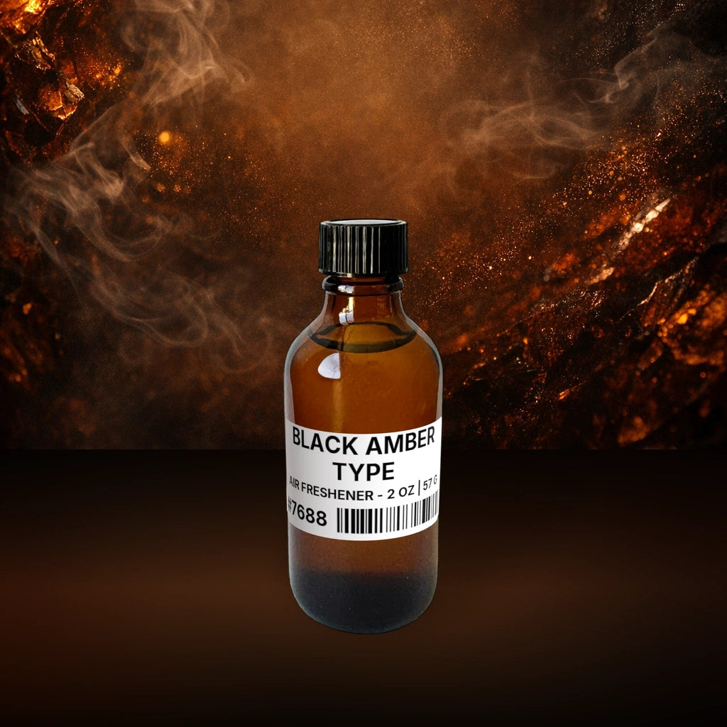 Black Amber Type Air Freshener - 2 oz | 57 g fragrance bottle image with atmospheric background for Air Freshener. Premium lifestyle product photo for fragrance listing.