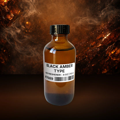 Black Amber Type Air Freshener - 4 oz | 113 g fragrance bottle image with atmospheric background for Air Freshener. Premium lifestyle product photo for fragrance listing.
