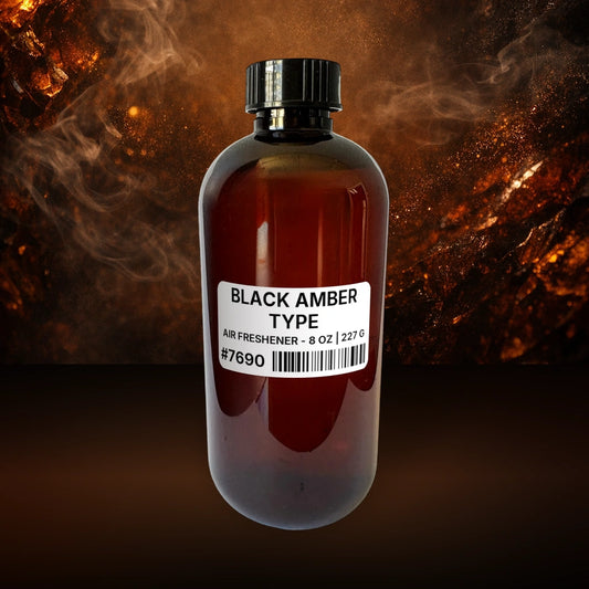 Black Amber Type Air Freshener - 8 oz | 227 g fragrance bottle image with atmospheric background for Air Freshener. Premium lifestyle product photo for fragrance listing.