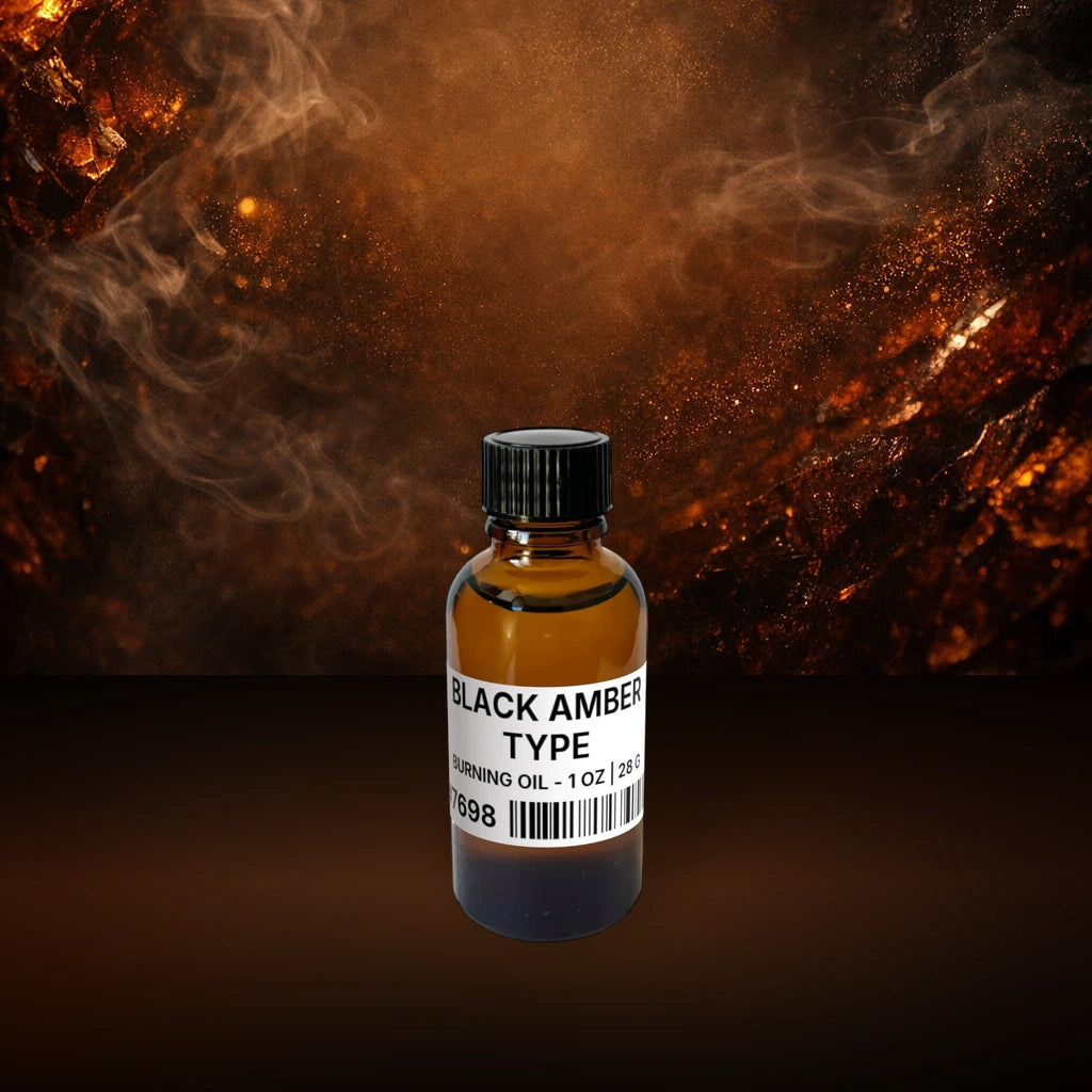 Black Amber Type Burning Oil - 1 oz | 28 g fragrance bottle image with atmospheric background for Burning Oil. Premium lifestyle product photo for fragrance listing.