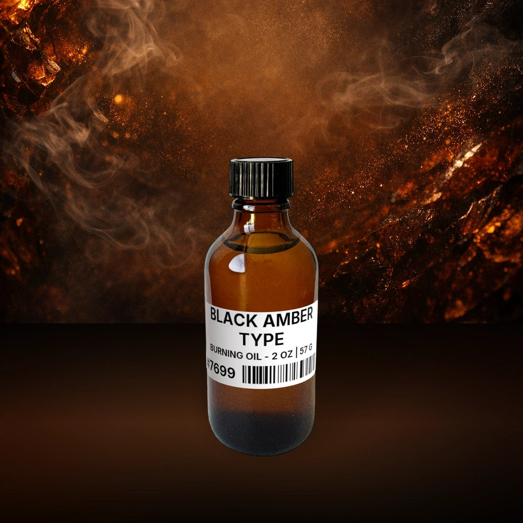 Black Amber Type Burning Oil - 2 oz | 57 g fragrance bottle image with atmospheric background for Burning Oil. Premium lifestyle product photo for fragrance listing.
