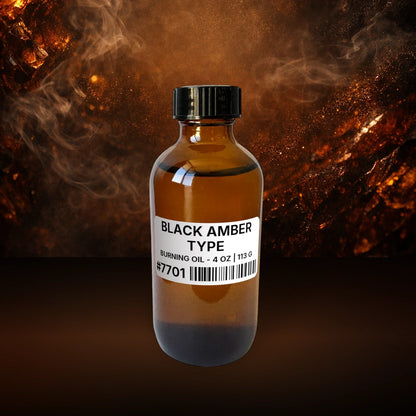 Black Amber Type Burning Oil - 4 oz | 113 g fragrance bottle image with atmospheric background for Burning Oil. Premium lifestyle product photo for fragrance listing.