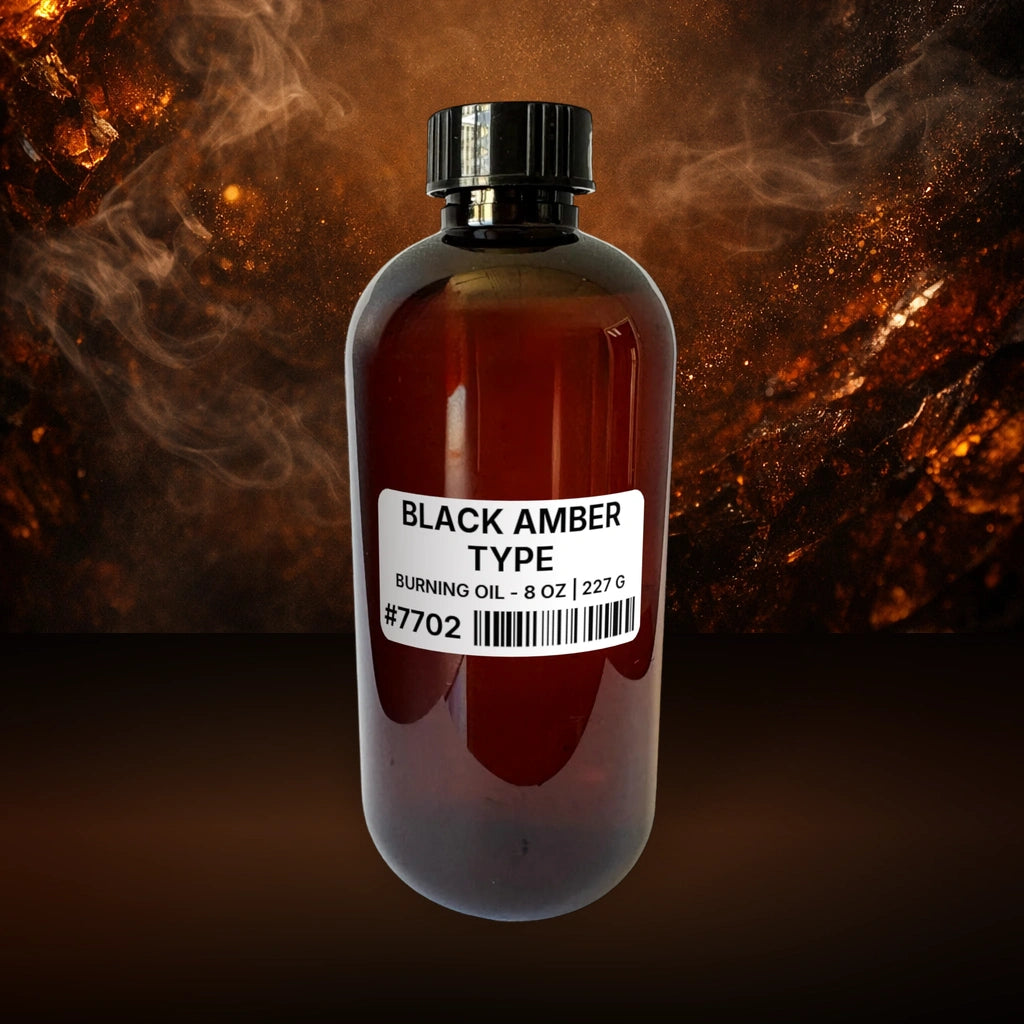 Black Amber Type Burning Oil - 8 oz | 227 g fragrance bottle image with atmospheric background for Burning Oil. Premium lifestyle product photo for fragrance listing.