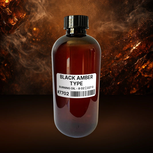 Black Amber Type Burning Oil - 8 oz | 227 g fragrance bottle image with atmospheric background for Burning Oil. Premium lifestyle product photo for fragrance listing.