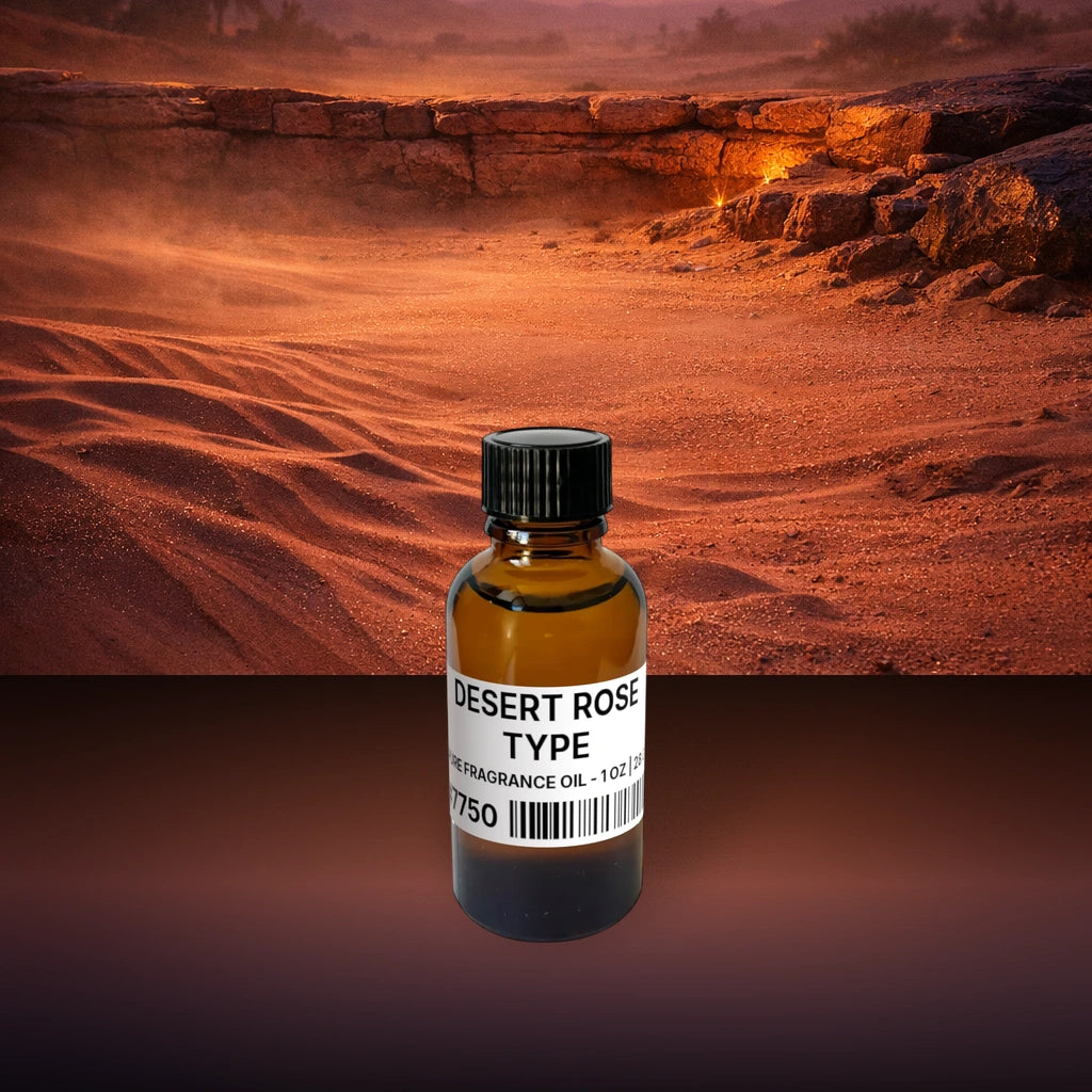 Desert Rose Type Pure Fragrance Oil - 1 oz | 28 g fragrance bottle image with atmospheric background for Pure Fragrance Oil. Premium lifestyle product photo for fragrance listing.
