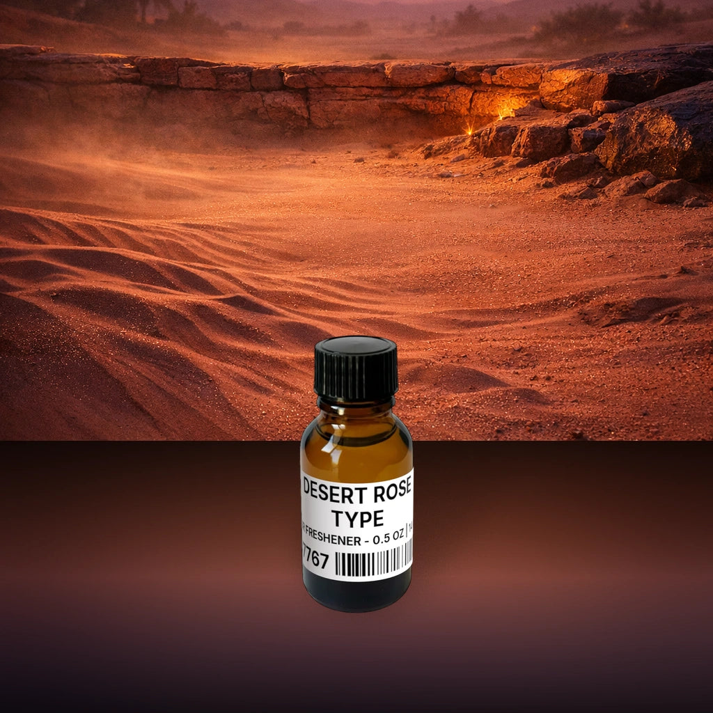 Desert Rose Type Air Freshener - 0.5 oz | 14 g fragrance bottle image with atmospheric background for Air Freshener. Premium lifestyle product photo for fragrance listing.