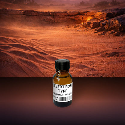 Desert Rose Type Air Freshener - 0.5 oz | 14 g fragrance bottle image with atmospheric background for Air Freshener. Premium lifestyle product photo for fragrance listing.