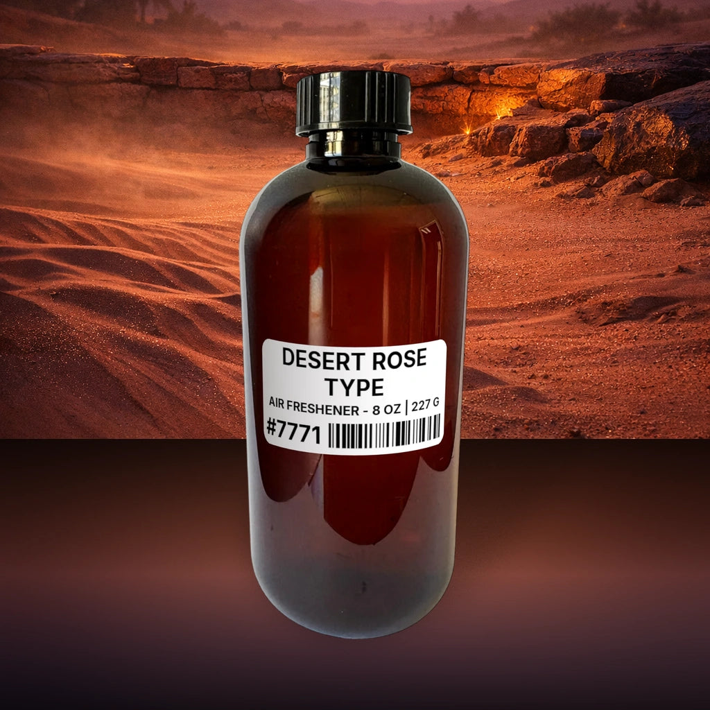 Desert Rose Type Air Freshener - 8 oz | 227 g fragrance bottle image with atmospheric background for Air Freshener. Premium lifestyle product photo for fragrance listing.