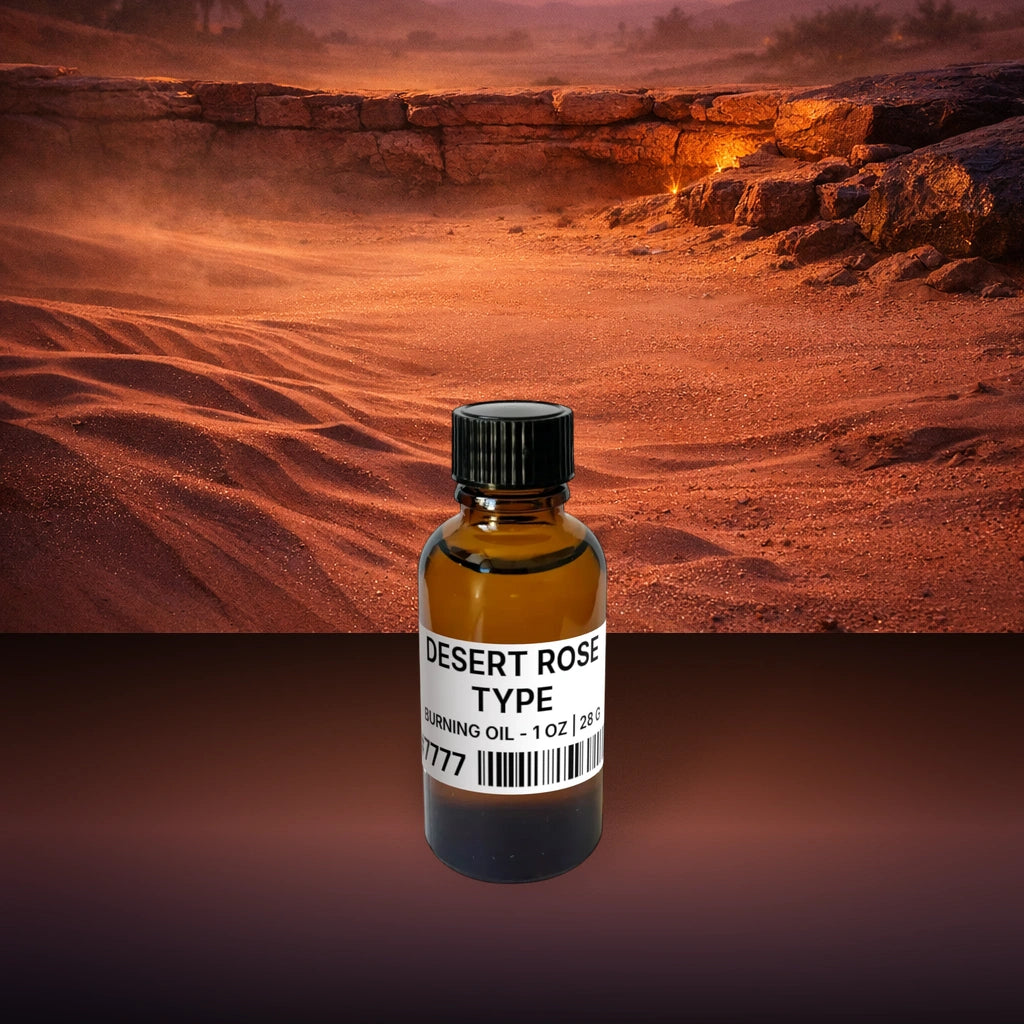 Desert Rose Type Burning Oil - 1 oz | 28 g fragrance bottle image with atmospheric background for Burning Oil. Premium lifestyle product photo for fragrance listing.