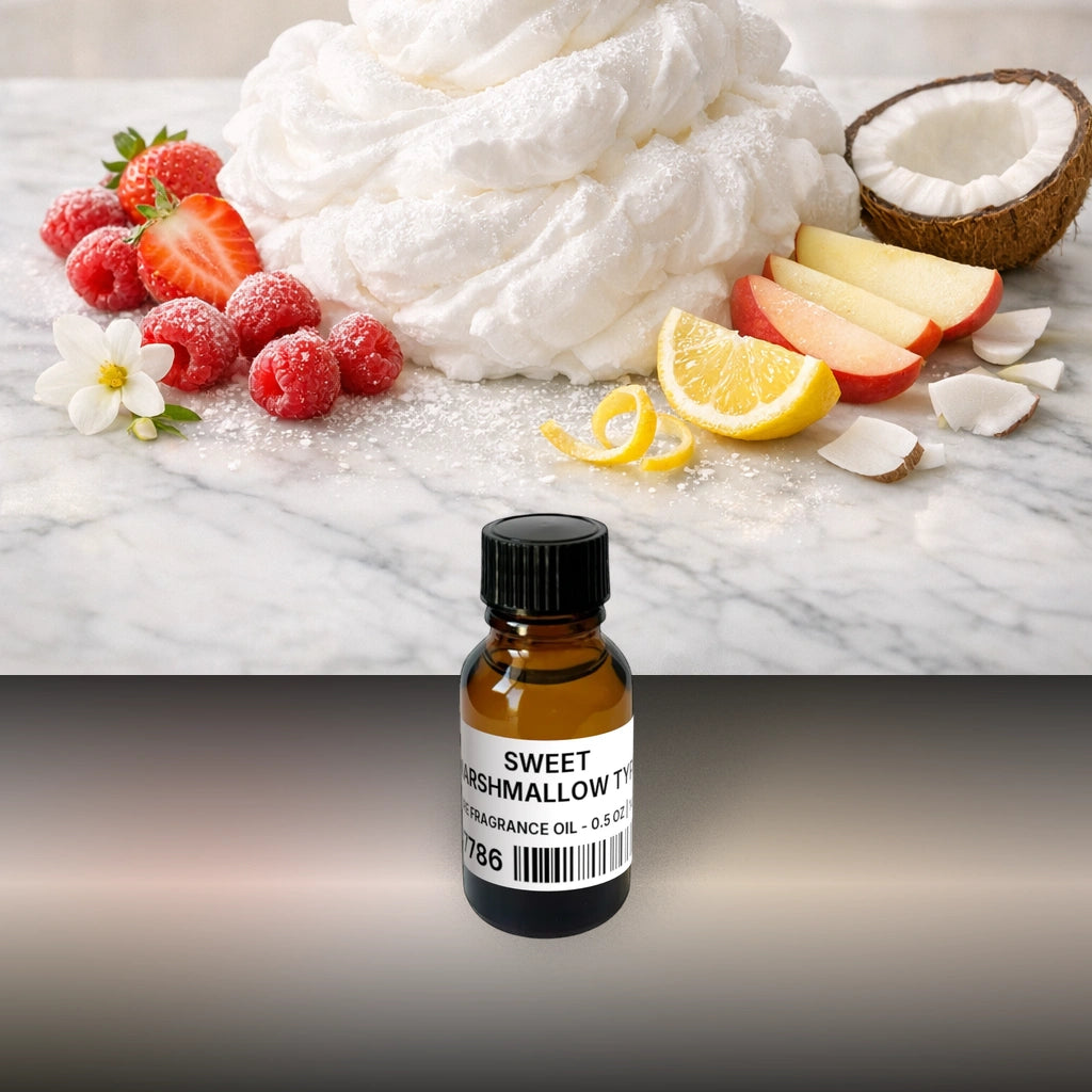 Sweet Marshmallow Type Pure Fragrance Oil - 0.5 oz | 14 g fragrance bottle image with atmospheric background for Pure Fragrance Oil. Premium lifestyle product photo for fragrance listing.