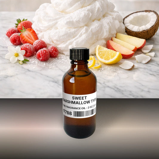 Sweet Marshmallow Type Pure Fragrance Oil - 2 oz | 57 g fragrance bottle image with atmospheric background for Pure Fragrance Oil. Premium lifestyle product photo for fragrance listing.
