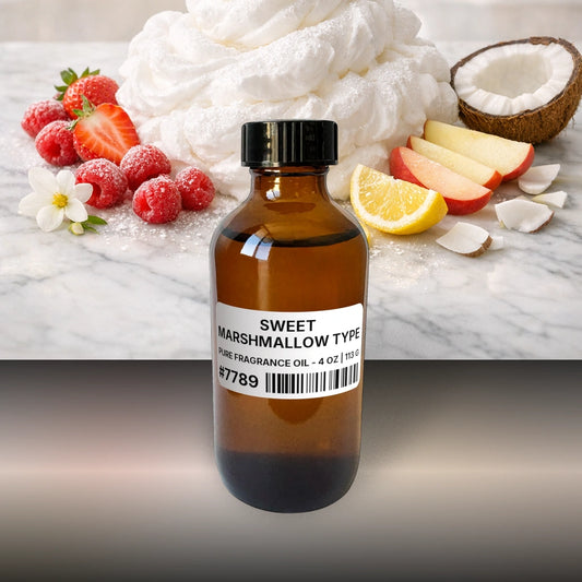Sweet Marshmallow Type Pure Fragrance Oil - 4 oz | 113 g fragrance bottle image with atmospheric background for Pure Fragrance Oil. Premium lifestyle product photo for fragrance listing.