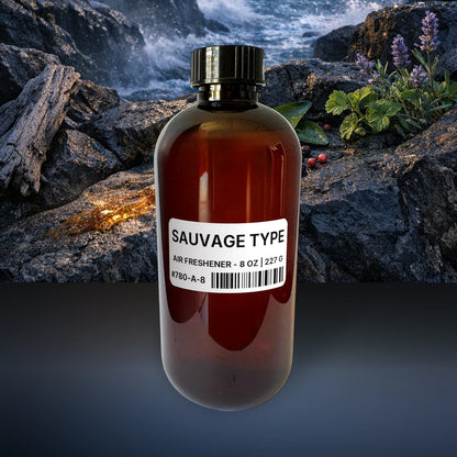 Sauvage Type Air Freshener - 8 oz | 227 g fragrance bottle image with atmospheric background for Air Freshener. Premium lifestyle product photo for fragrance listing.