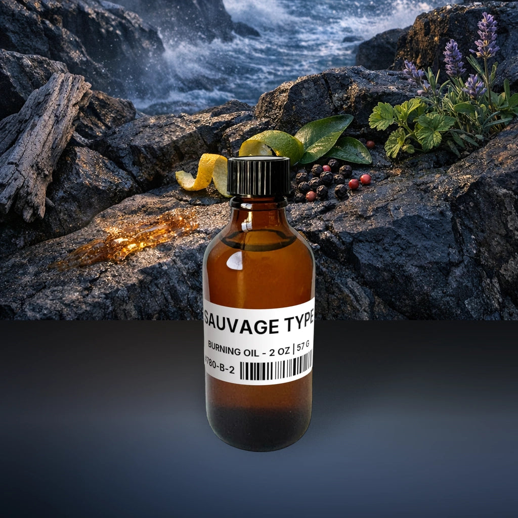 Sauvage Type Burning Oil - 2 oz | 57 g fragrance bottle image with atmospheric background for Burning Oil. Premium lifestyle product photo for fragrance listing.