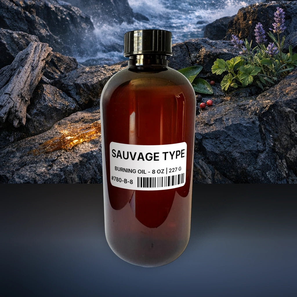 Sauvage Type Burning Oil - 8 oz | 227 g fragrance bottle image with atmospheric background for Burning Oil. Premium lifestyle product photo for fragrance listing.