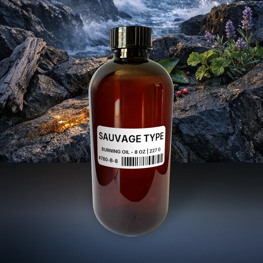 Sauvage Type Burning Oil - 8 oz | 227 g fragrance bottle image with atmospheric background for Burning Oil. Premium lifestyle product photo for fragrance listing.