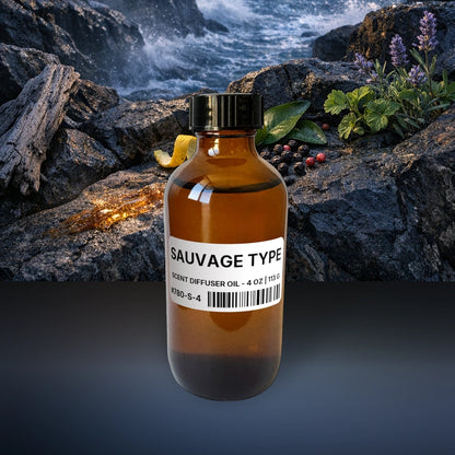 Sauvage Type Scent Diffuser Oil - 4 oz | 113 g fragrance bottle image with atmospheric background for Scent Diffuser Oil. Premium lifestyle product photo for fragrance listing.