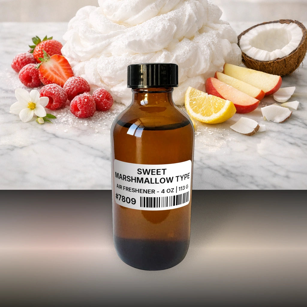 Sweet Marshmallow Type Air Freshener - 4 oz | 113 g fragrance bottle image with atmospheric background for Air Freshener. Premium lifestyle product photo for fragrance listing.