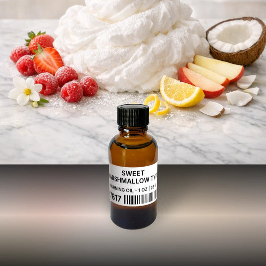 Sweet Marshmallow Type Burning Oil - 1 oz | 28 g fragrance bottle image with atmospheric background for Burning Oil. Premium lifestyle product photo for fragrance listing.