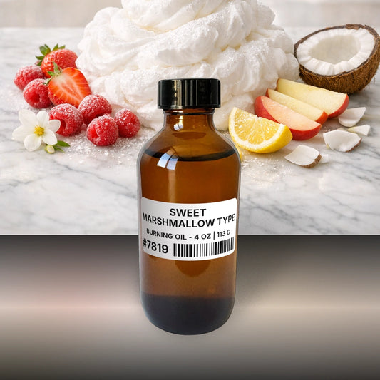 Sweet Marshmallow Type Burning Oil - 4 oz | 113 g fragrance bottle image with atmospheric background for Burning Oil. Premium lifestyle product photo for fragrance listing.