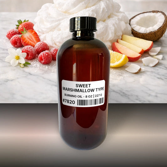 Sweet Marshmallow Type Burning Oil - 8 oz | 227 g fragrance bottle image with atmospheric background for Burning Oil. Premium lifestyle product photo for fragrance listing.