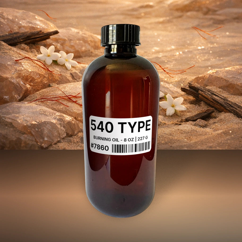 540 Type Burning Oil - 8 oz | 227 g fragrance bottle image with atmospheric background for Burning Oil. Premium lifestyle product photo for fragrance listing.