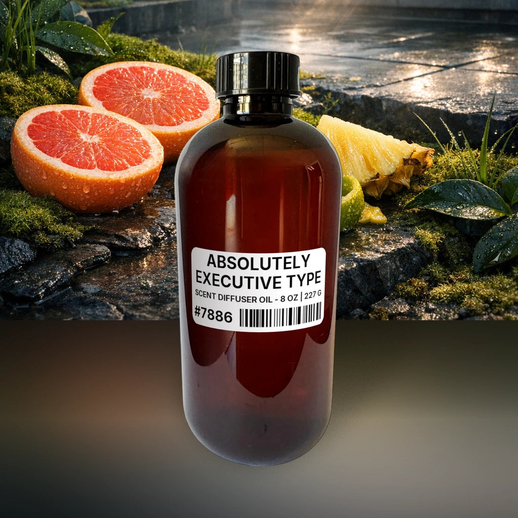 Absolutely Executive Type Scent Diffuser Oil - 8 oz | 227 g fragrance bottle image with atmospheric background for Scent Diffuser Oil. Premium lifestyle product photo for fragrance listing.