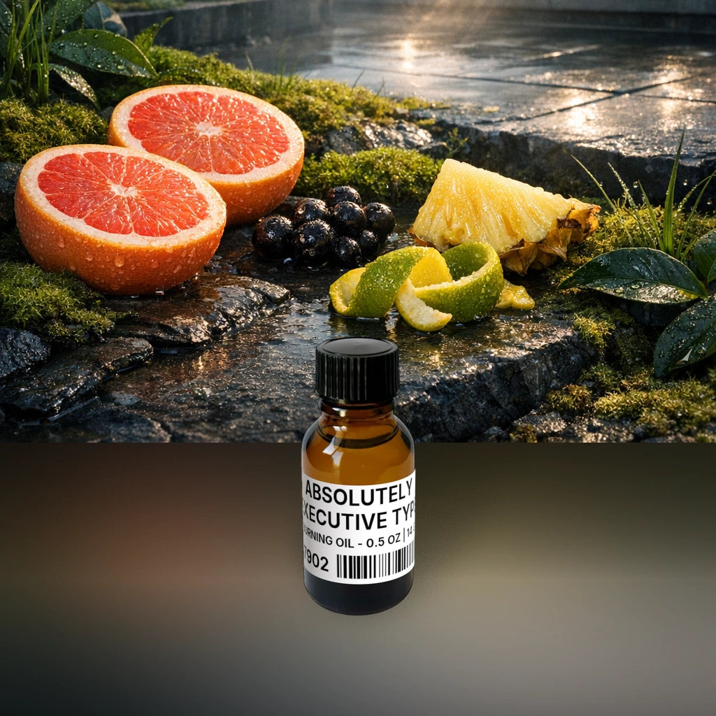 Absolutely Executive Type Burning Oil - 0.5 oz | 14 g fragrance bottle image with atmospheric background for Burning Oil. Premium lifestyle product photo for fragrance listing.