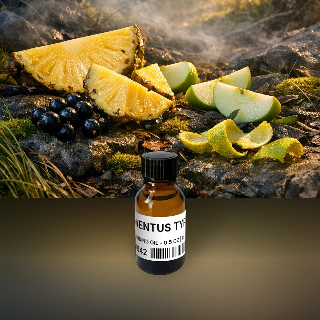 Aventus Type Burning Oil - 0.5 oz | 14 g fragrance bottle image with atmospheric background for Burning Oil. Premium lifestyle product photo for fragrance listing.