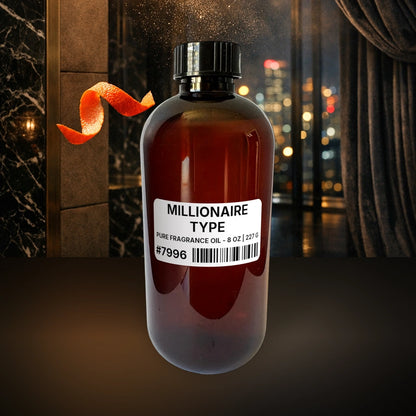 Millionaire Type Pure Fragrance Oil - 8 oz | 227 g fragrance bottle image with atmospheric background for Pure Fragrance Oil. Premium lifestyle product photo for fragrance listing.