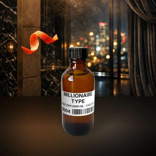 Millionaire Type Scent Diffuser Oil - 2 oz | 57 g fragrance bottle image with atmospheric background for Scent Diffuser Oil. Premium lifestyle product photo for fragrance listing.