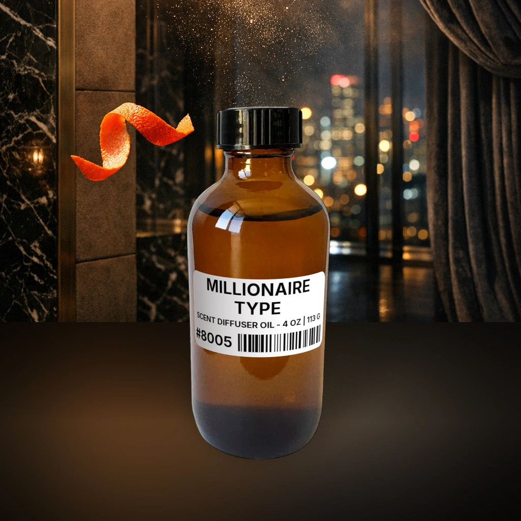 Millionaire Type Scent Diffuser Oil - 4 oz | 113 g fragrance bottle image with atmospheric background for Scent Diffuser Oil. Premium lifestyle product photo for fragrance listing.