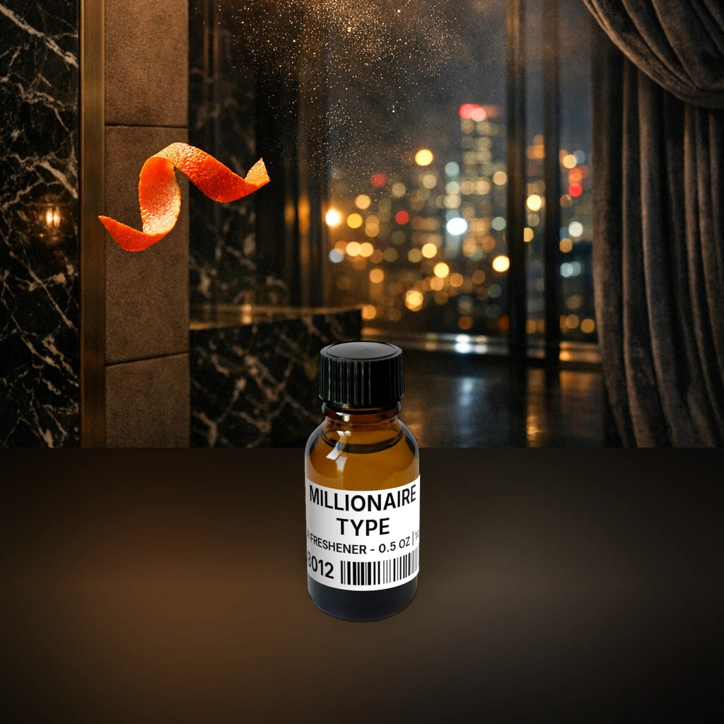 Millionaire Type Air Freshener - 0.5 oz | 14 g fragrance bottle image with atmospheric background for Air Freshener. Premium lifestyle product photo for fragrance listing.