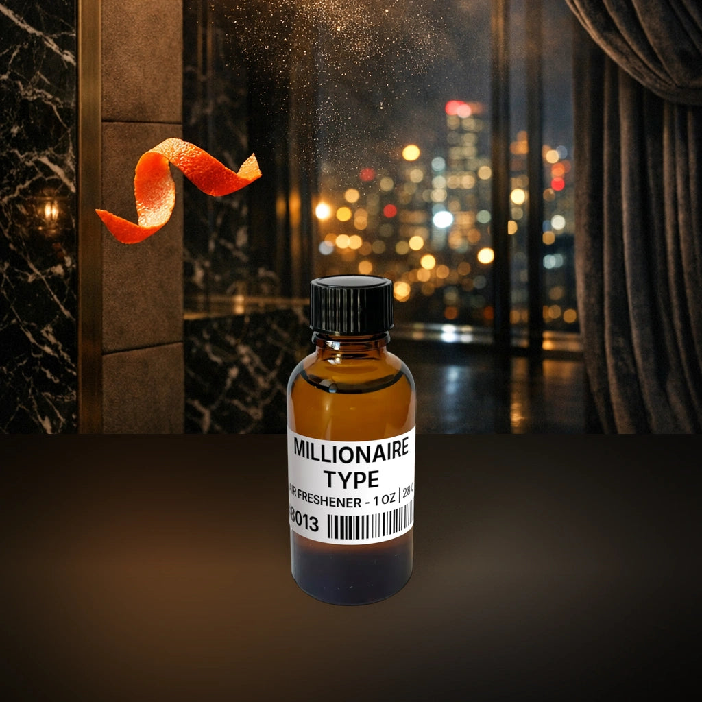 Millionaire Type Air Freshener - 1 oz | 28 g fragrance bottle image with atmospheric background for Air Freshener. Premium lifestyle product photo for fragrance listing.