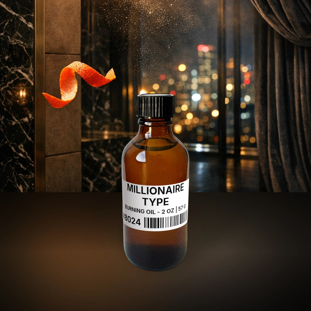 Millionaire Type Burning Oil - 2 oz | 57 g fragrance bottle image with atmospheric background for Burning Oil. Premium lifestyle product photo for fragrance listing.