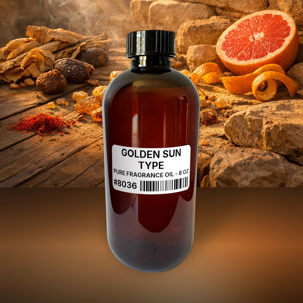 Golden Sun Type Pure Fragrance Oil - 8 oz (227 g) fragrance bottle image with atmospheric background for Pure Fragrance Oil. Premium lifestyle product photo for fragrance listing.