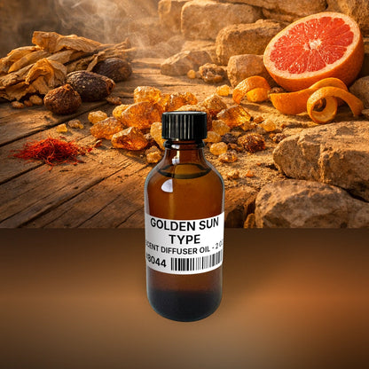 Golden Sun Type Scent Diffuser Oil - 2 oz (57 g) fragrance bottle image with atmospheric background for Scent Diffuser Oil. Premium lifestyle product photo for fragrance listing.