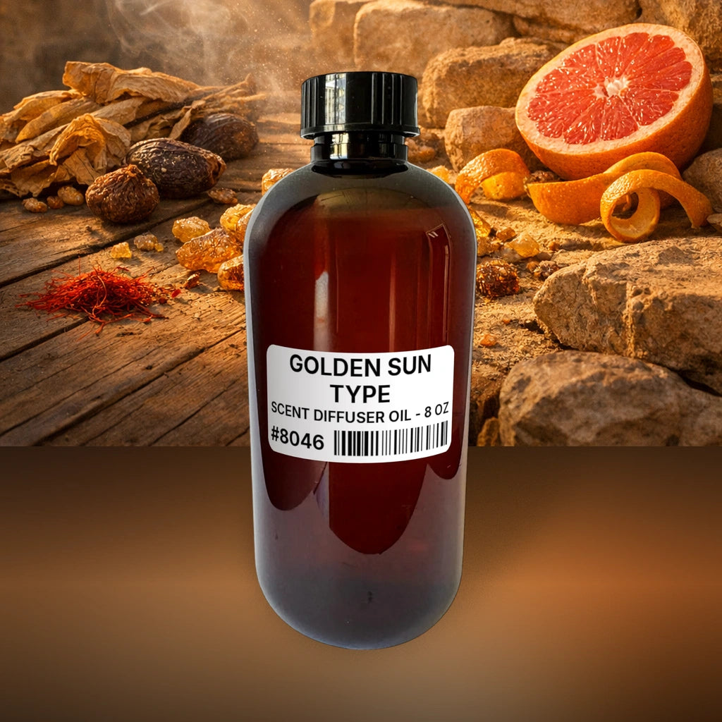 Golden Sun Type Scent Diffuser Oil - 8 oz (227 g) fragrance bottle image with atmospheric background for Scent Diffuser Oil. Premium lifestyle product photo for fragrance listing.