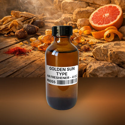Golden Sun Type Air Freshener - 4 oz (113 g) fragrance bottle image with atmospheric background for Air Freshener. Premium lifestyle product photo for fragrance listing.
