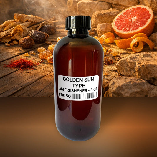 Golden Sun Type Air Freshener - 8 oz (227 g) fragrance bottle image with atmospheric background for Air Freshener. Premium lifestyle product photo for fragrance listing.